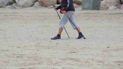 cropped portrait of person walking on sand dunes with trekking poles