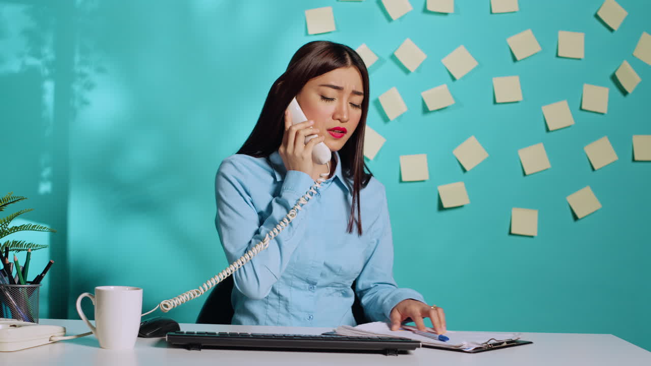 Overworked office clerk doing tasks