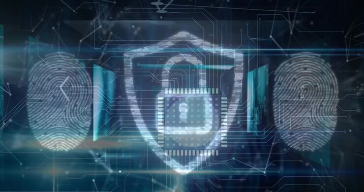 Digital Cybersecurity Concept with Glowing Shield and Fingerprint Scanners