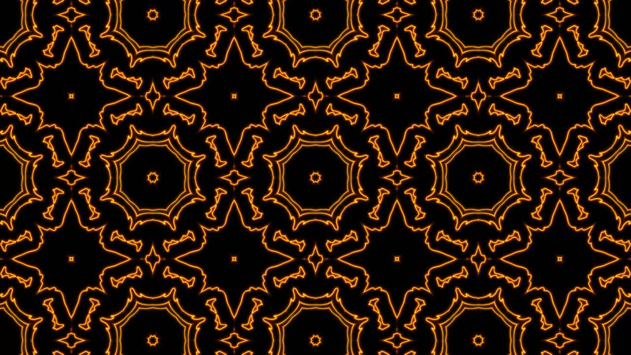 Abstract orange geometric seamless pattern background. Abstract Stripes Kaleidoscope Loop. Fast Psychedelic Colorful Kaleidoscope VJ background. Disco Abstract Motion Background. Kaleidoscope effect