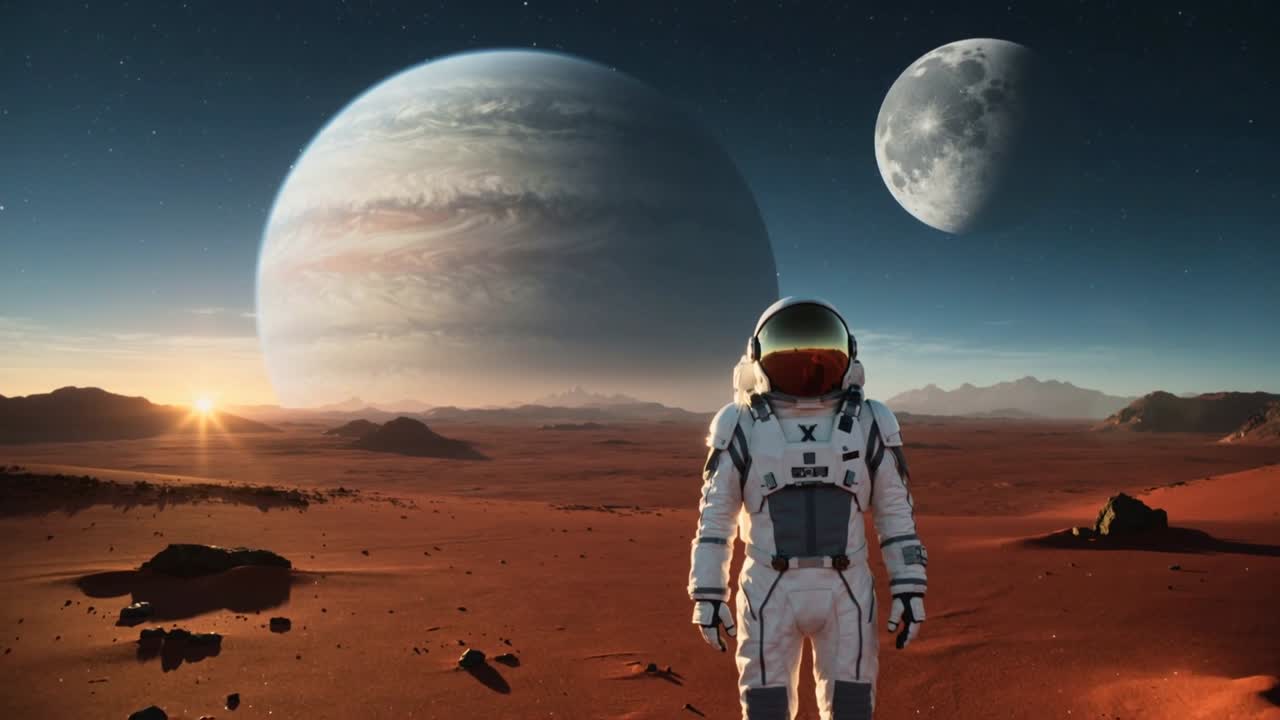 Dolly-kamera, astronaut i rumdragt træder tættere på en slette, der viser et reflekterende visir og en gasgigant.