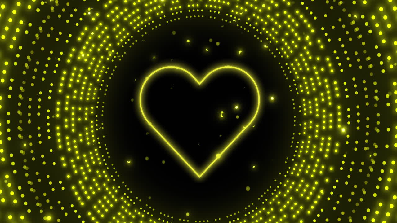 박이는 노란색 빛 패턴 위에 네온 심장의 애니메이션