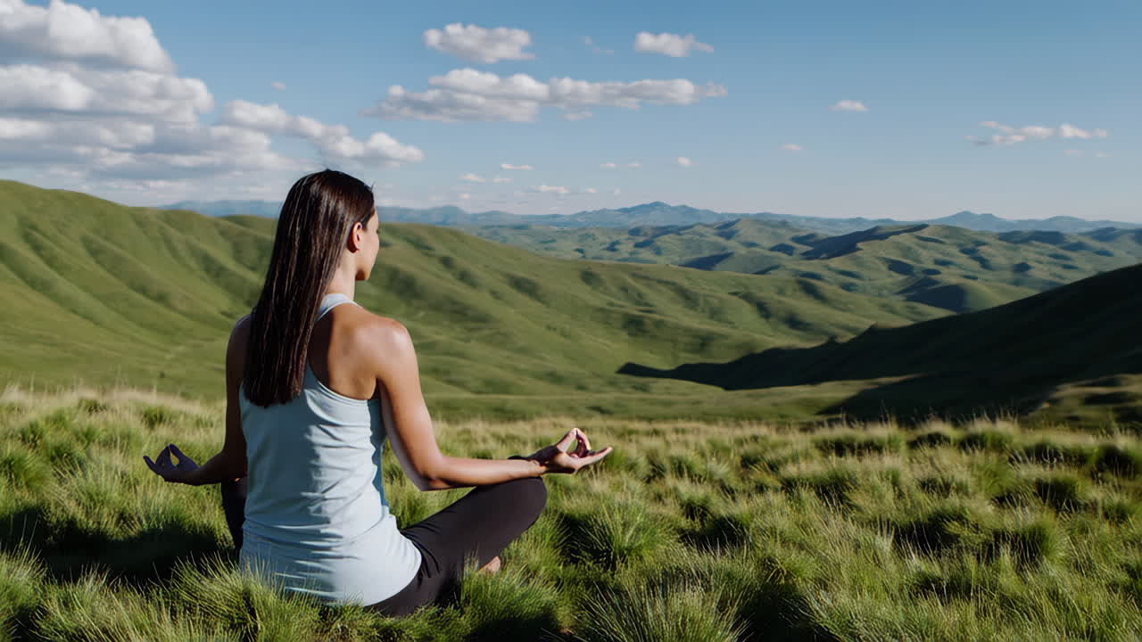 Woman meditating in a serene mountain landscape