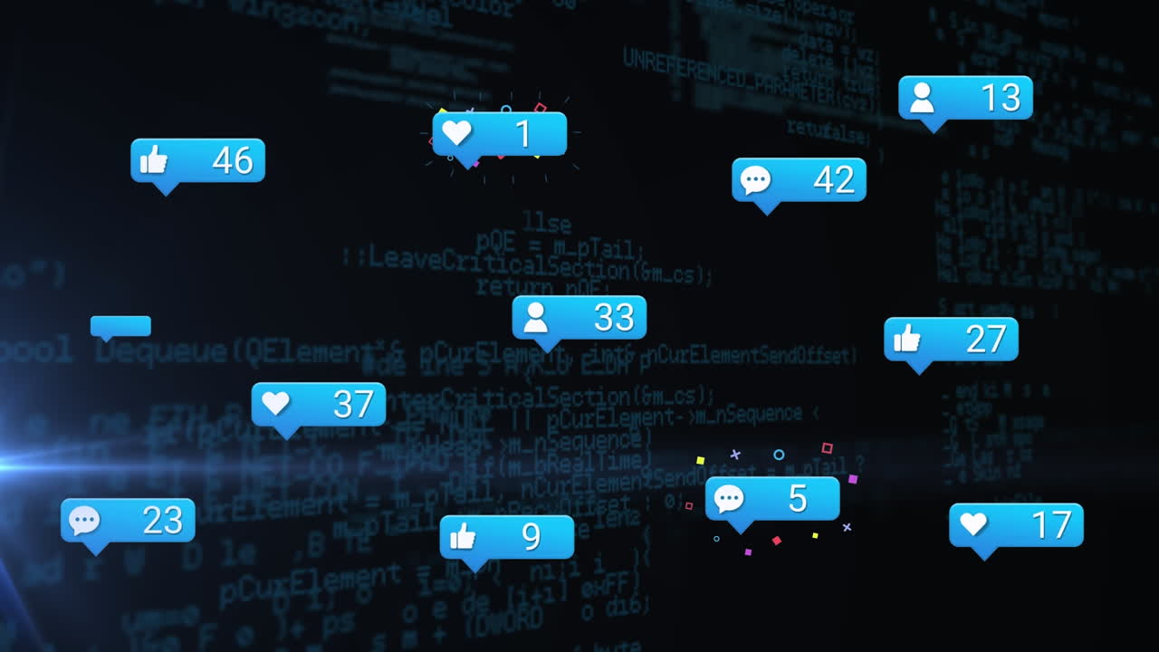 animación de iconos de redes sociales con un número creciente sobre el procesamiento de datos en fondo negro