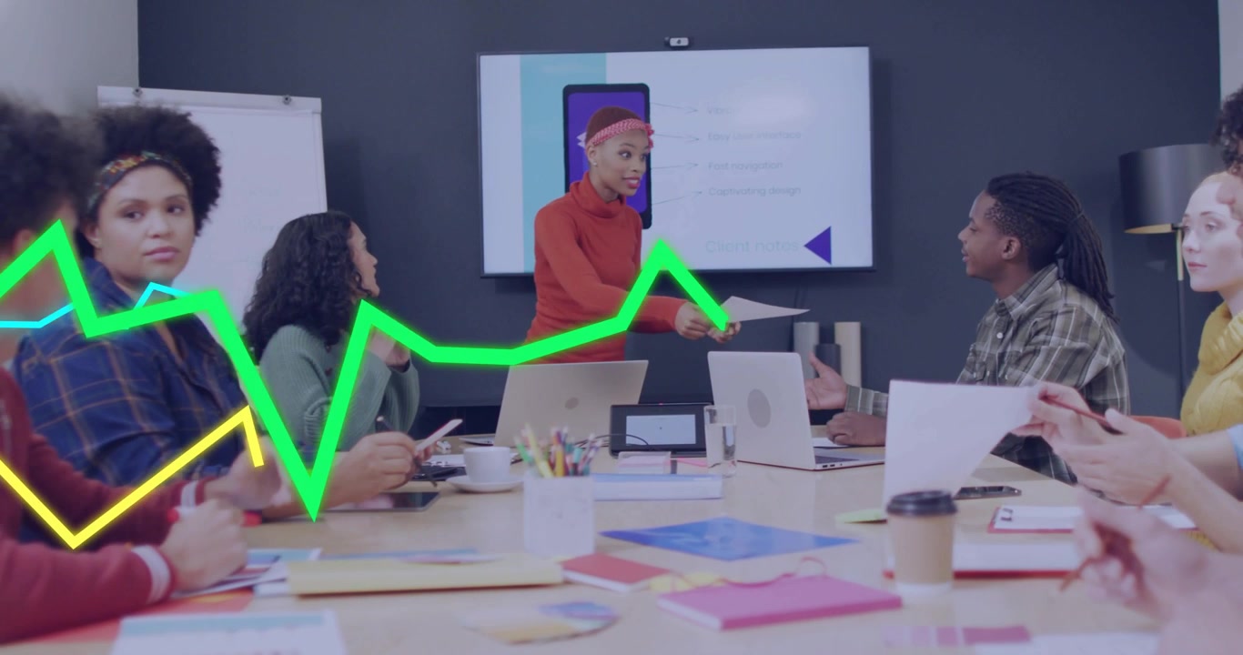 Lead presenting team in conference showing moving graphs passing papers guiding business phone data