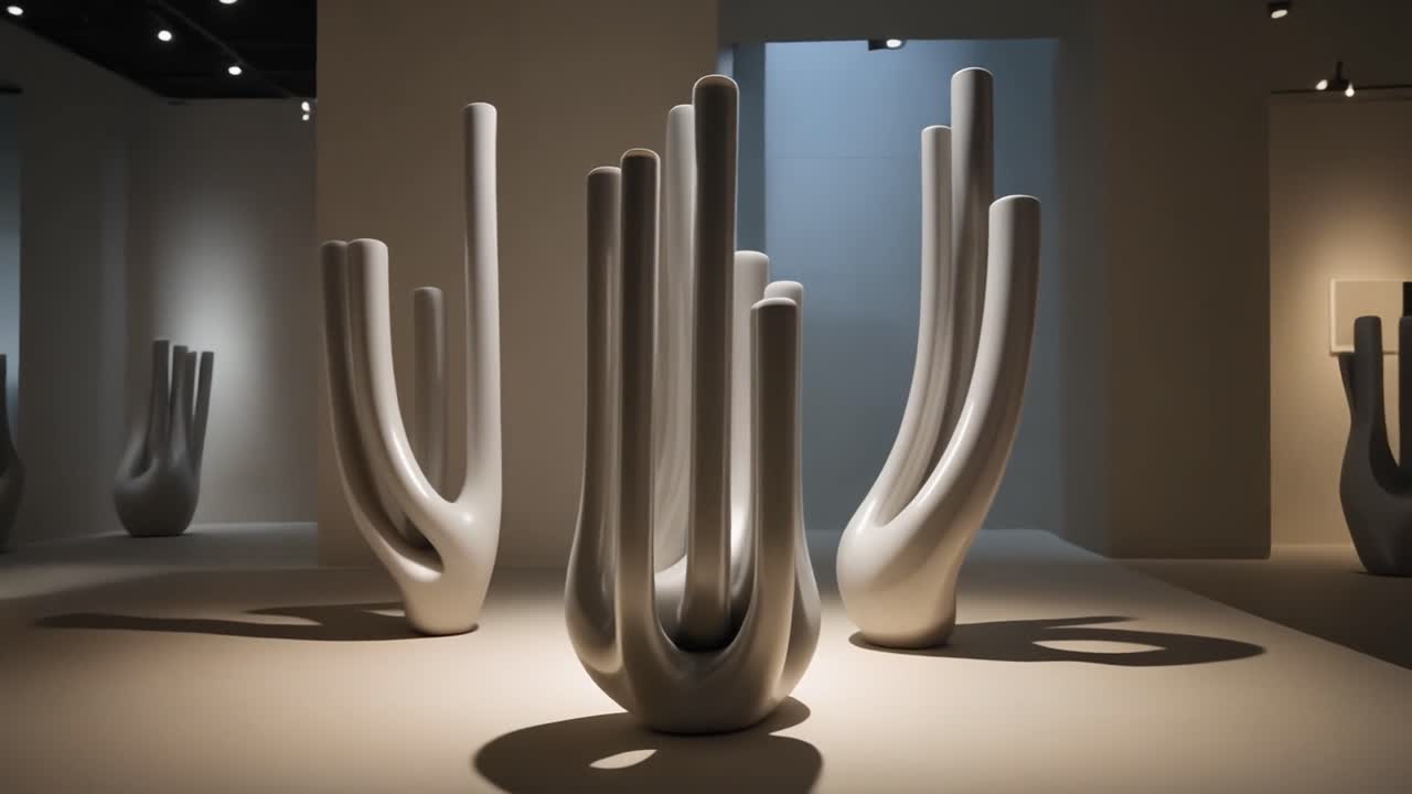 Moderne abstrakte skulpturer udstillet på kunstgalleri