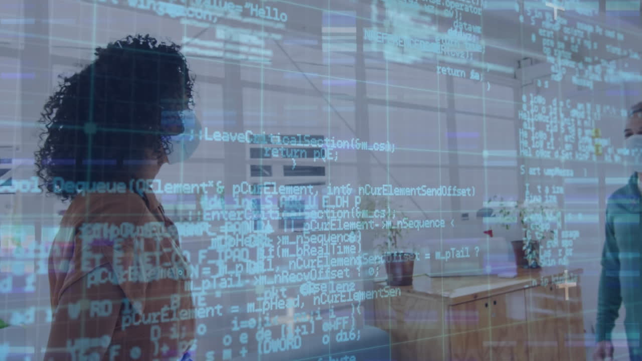 animación del procesamiento de datos sobre una mujer de negocios afroamericana que trabaja en la oficina