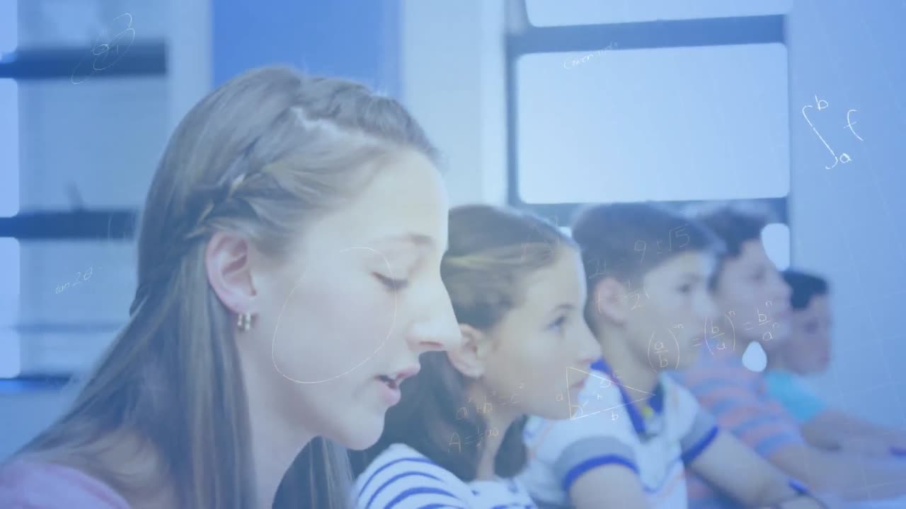 초등학교 수업에서 손을 들고 있는 백인 소녀에 대한 수학 방정식
