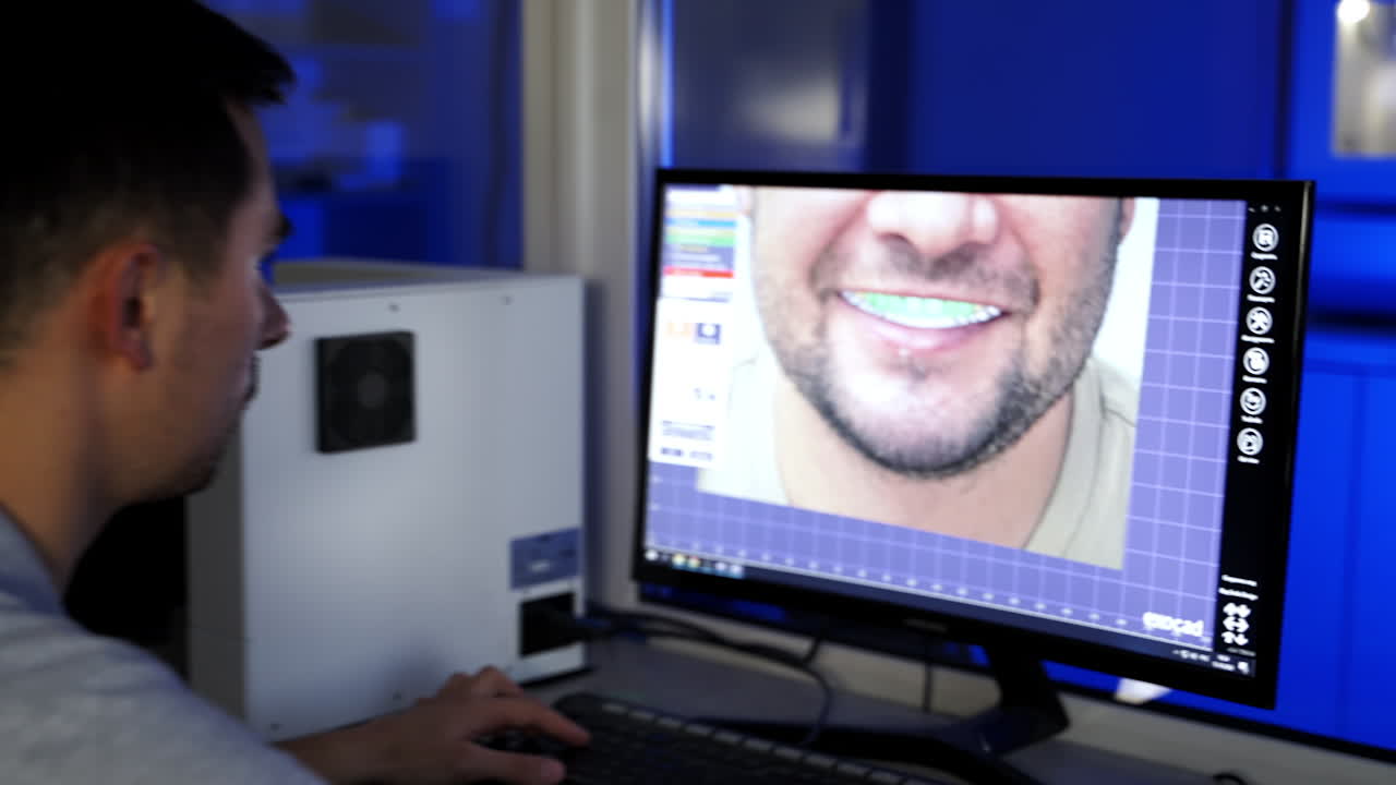 Dental technician designing dental crowns. Workplace and tools of dental technician in dental laboratory