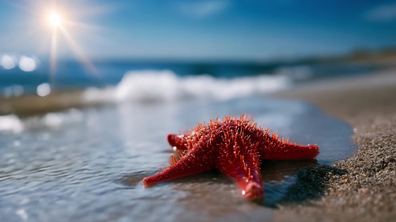 Una vivace stella marina rossa che riposa sulla battigia con dolci onde oceaniche e uno splendido sfondo illuminato dal sole, catturando la serenità della vita costiera.