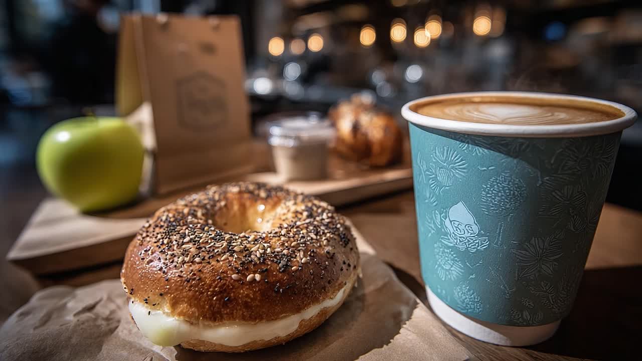 A Delicious Morning Delight: Freshly Baked Bagel with Cream Cheese, Crisp Green Apple, and Aromatic Coffee in a Cozy Café Setting