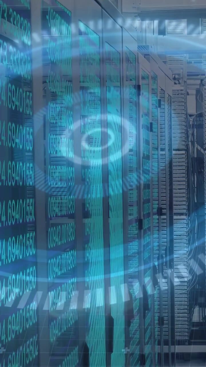 Holographic rings appearing and pulsing, camera holding rack row, figures moving, visualizing data