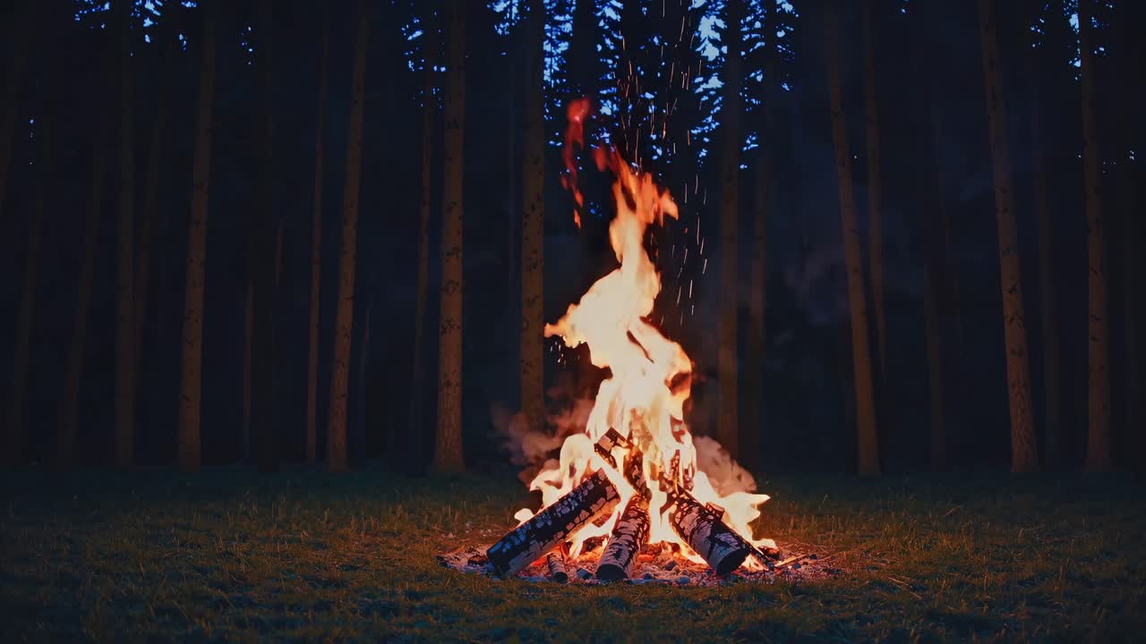 A mesmerizing video of a campfire in a forest at dusk, captured from a low angle