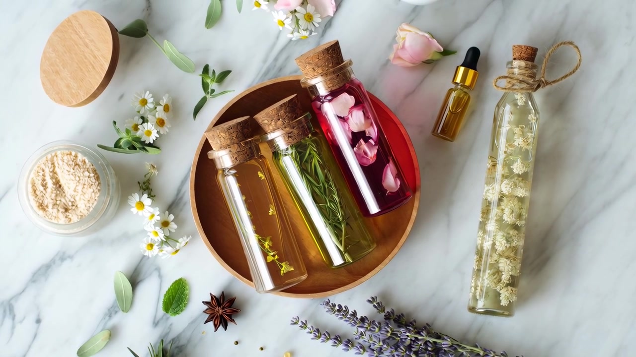 Aceites esenciales variados e ingredientes botánicos sobre superficie de mármol