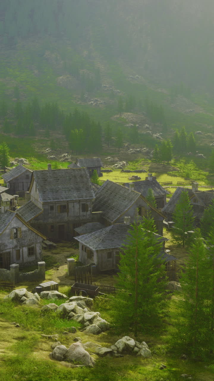 Abandoned village surrounded by lush greenery in mountainous terrain