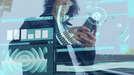 animation of digital screen with data over biracial man with smartphone