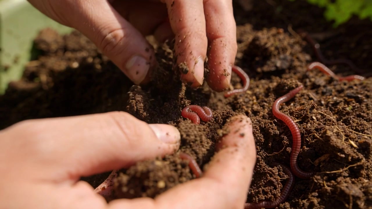 Segurando composto em concha, mãos nuas separando um torrão no jardim, revelando minhocas vermelhas para inspeção.