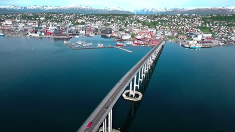 Bridge-of-city-Tromso,-Norway-Aerial-footage