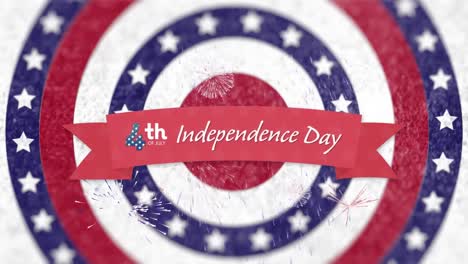 independence day text on red banner against stars on spinning circles