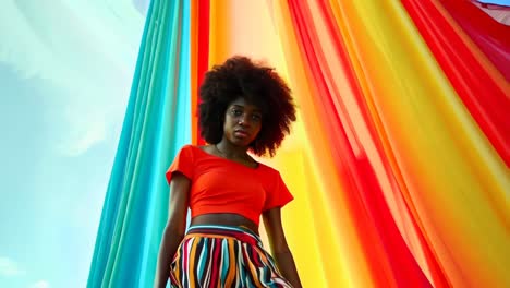 a woman standing in front of a rainbow colored curtain