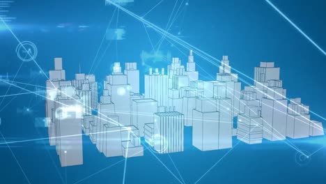 digital animation of network of connections against 3d city model spinning on blue background