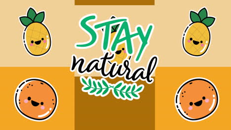 animación de la ilustración con texto natural sobre piñas y naranjas con caras sonrientes
