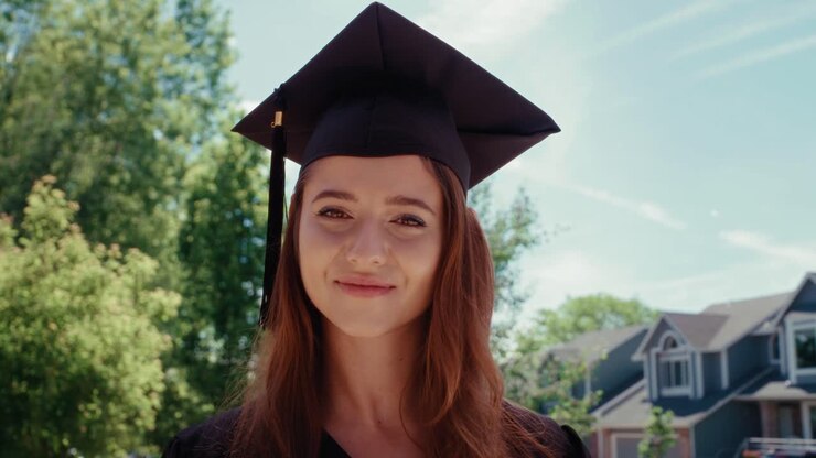 Studentessa universitaria gira la testa e sorride alla telecamera.