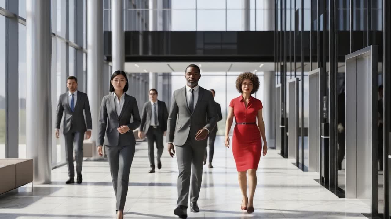 Professionals Walking in Modern Corporate Office Building