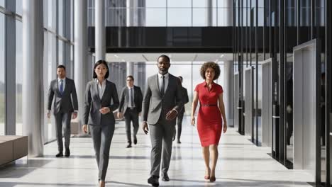 professionals walking in modern corporate office building