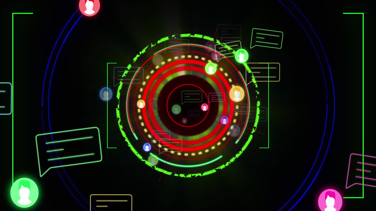 검은색 배경에 소셜 미디어 아이콘을 스캔하는 스의 애니메이션.