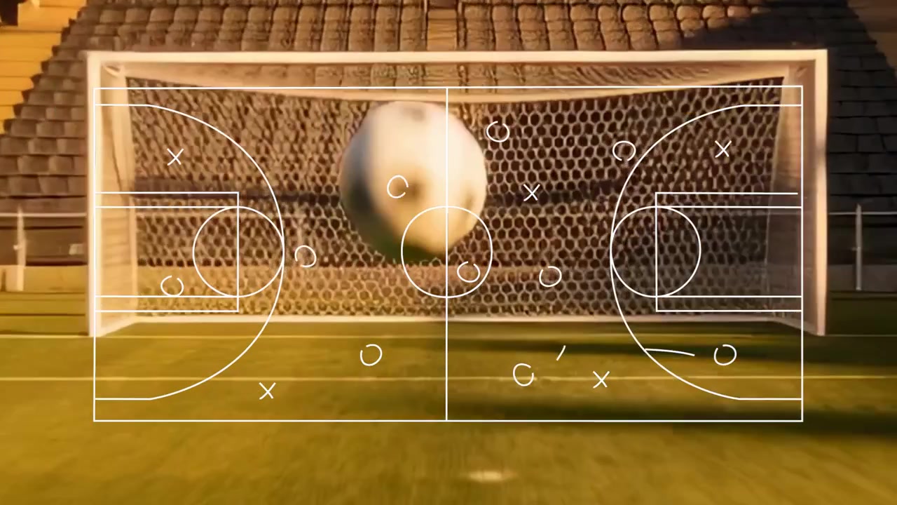 Offscreen kick sending soccer ball rolling toward goal, tactical overlay tracing plays for score