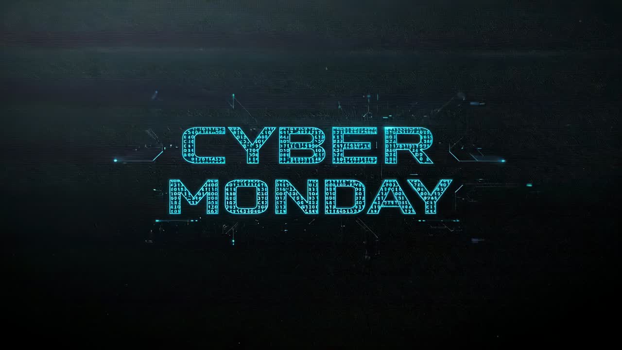Frames starting CYBER MONDAY title glowing, growing and lighting circuit traces on stage for promo