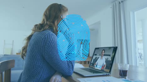 Animation-of-biometric-fingerprint-over-businesswoman-using-phone-headset-and-laptop