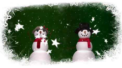 Snow-falling-and-snowmen-on-green-background