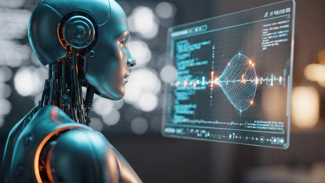 Futuristic Robot Analyzing Data on a Transparent Screen with Digital Interface Showing Complex Algorithms and Visualizations in a High-Tech Environment