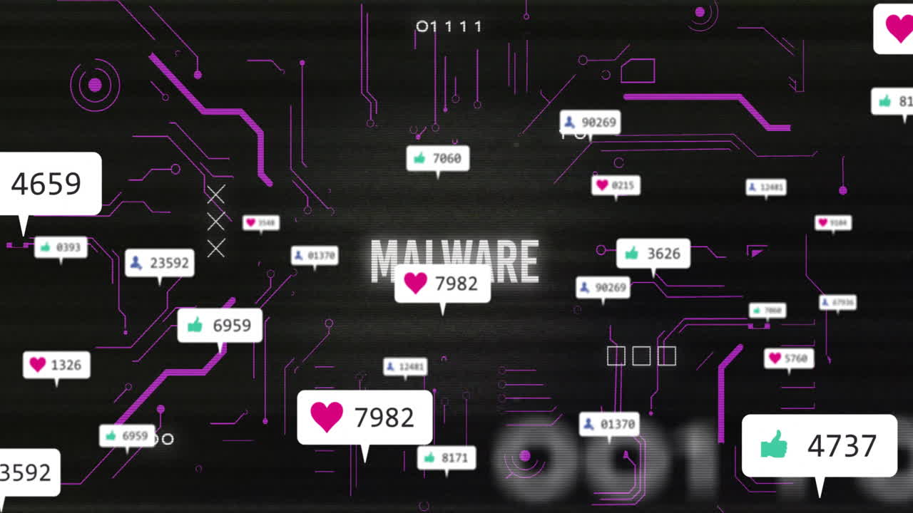 Animation of social media notifications and malware text on dark digital background