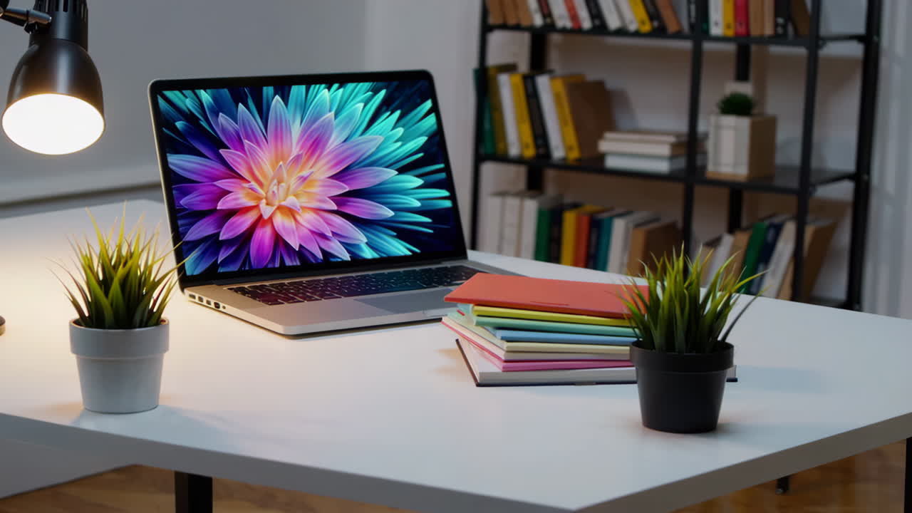 Modern Home Office Desk with Laptop and Books