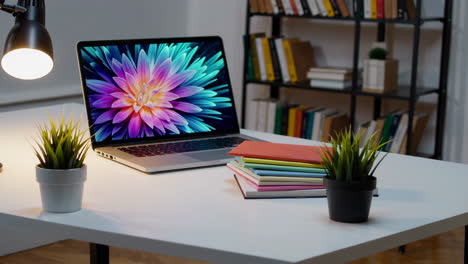 modern home office desk with laptop and books