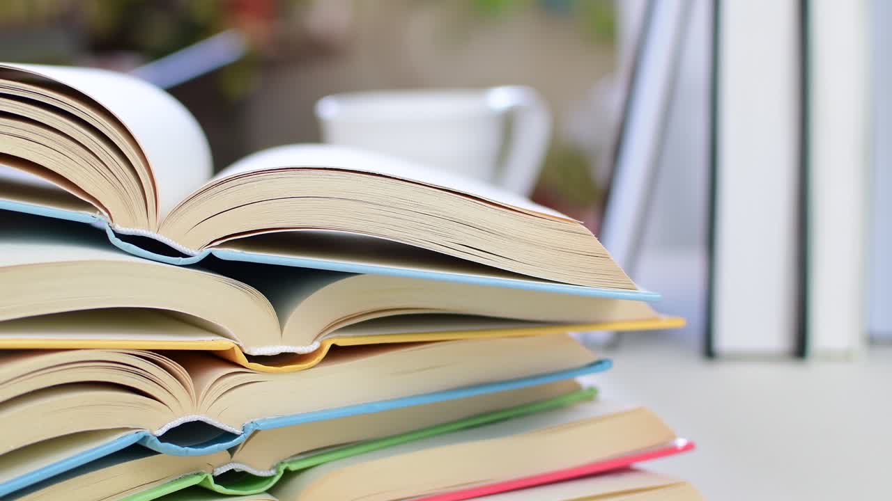 Desk with stack of open study books. Textbooks for the student, university. Study from home. Distance education concept.