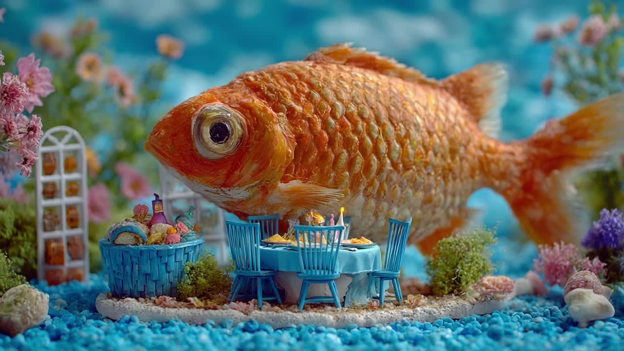 A Whimsical Underwater Dining Experience Featuring a Large Ornate Goldfish Amidst an Enchanting Floral and Seascape Backdrop