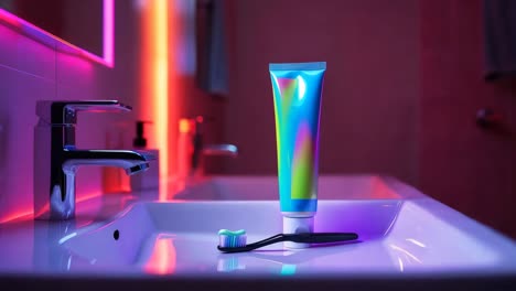 pasta de dientes colorida y cepillo de dientes en un fregadero del baño
