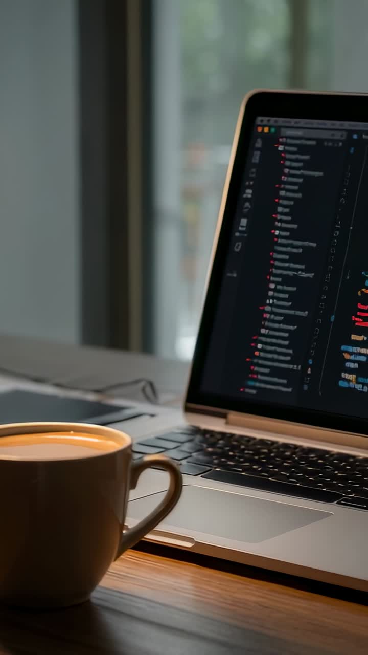 Vertical video: Camera panning to check messages on laptop at desk, mug staying left, copy space