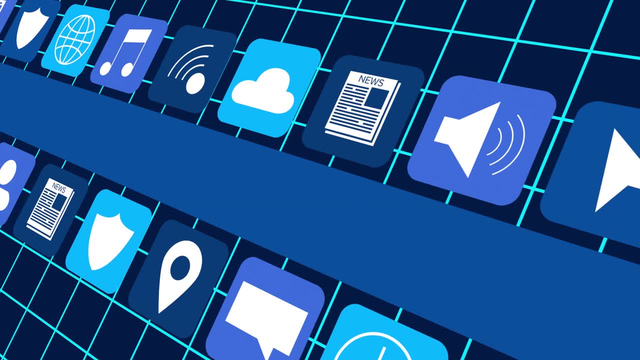 Animation of digital online icons and blue stripe moving over grid on dark blue background