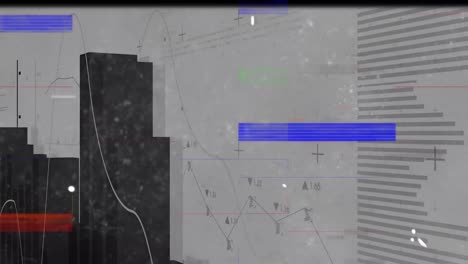 animation of glitch and reel tape over buildings on grey background