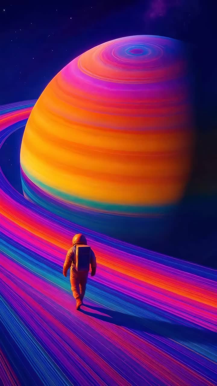A vibrant, surreal video concept featuring an astronaut walking on colorful rings of a planet