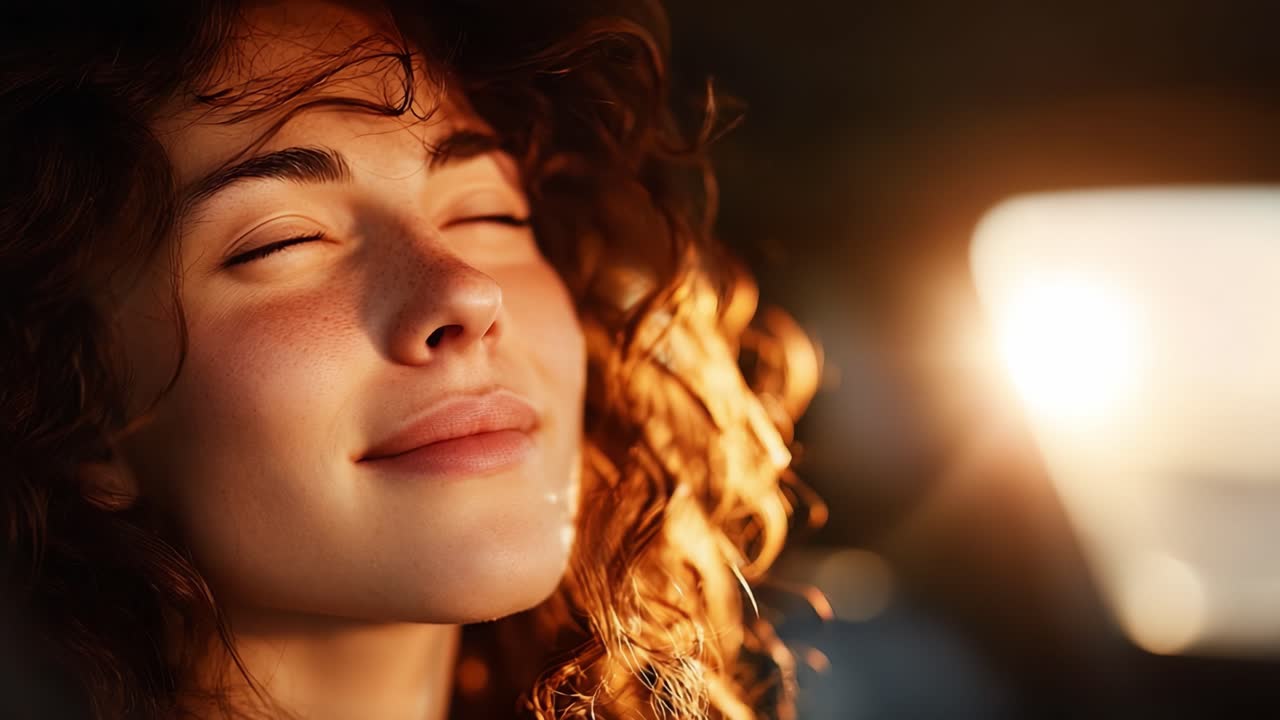 A serene moment captured in the golden glow of sunlight, highlighting the joy and peace on a young woman's face as she enjoys the warmth and tranquility of the moment