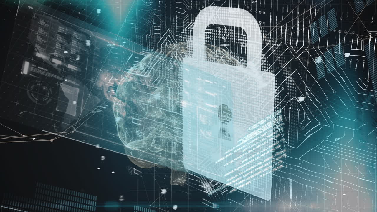 Animation of data processing and brain over black background