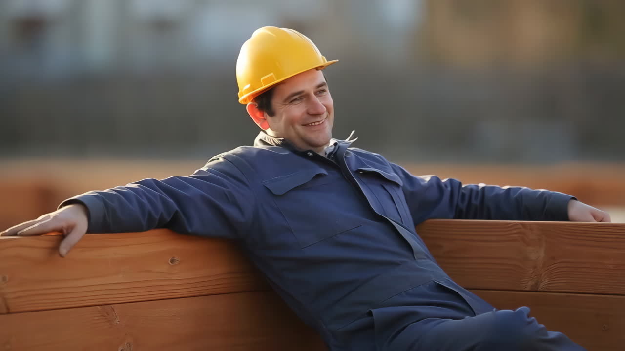 Construction Worker Relaxing on a Wooden Bench