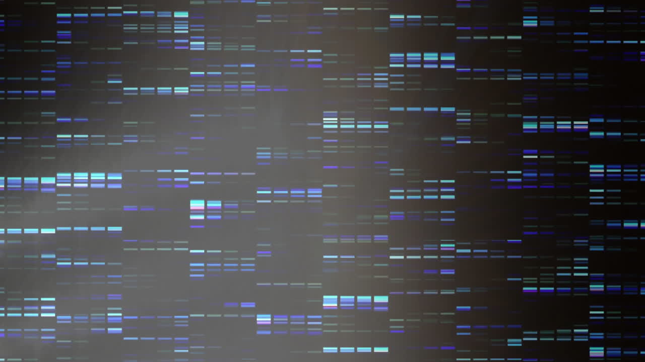 animación de datos de secuenciación de adn con bandas azules y púrpuras en fondo oscuro