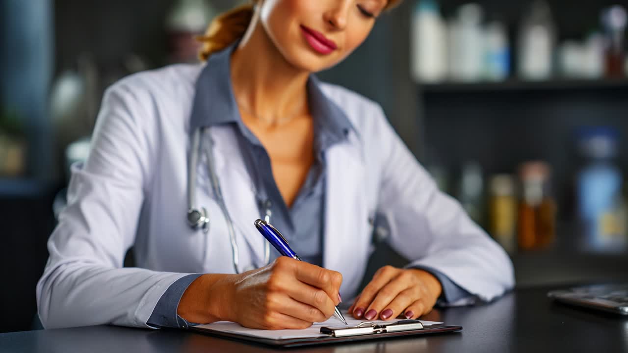 Eine konzentrierte Fachkraft im Gesundheitswesen, die fleißig Notizen in einer klinischen Umgebung macht und die Wichtigkeit der Protokollierung in der medizinischen Praxis hervorhebt, wobei Professionalität und Detailgenauigkeit erfasst werden